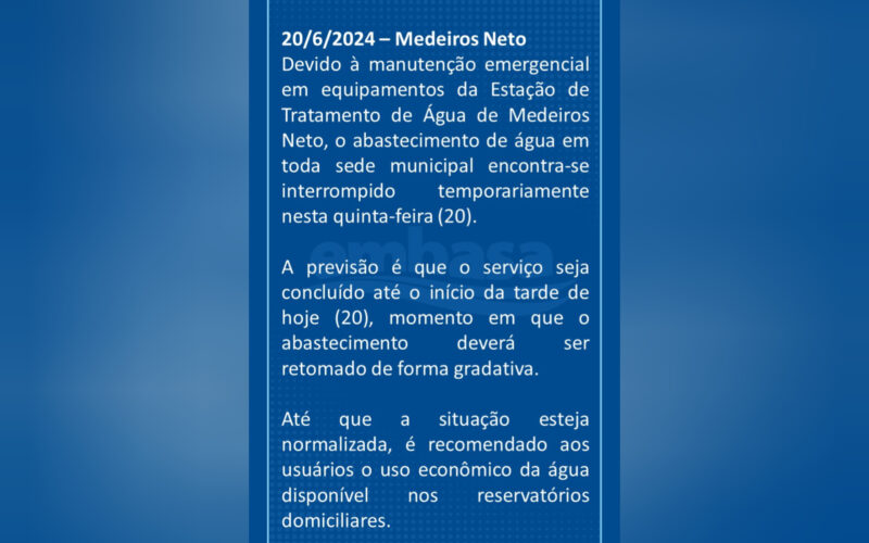 Embasa informa interrupção no abastecimento de água em Medeiros Neto para manutenção emergencial